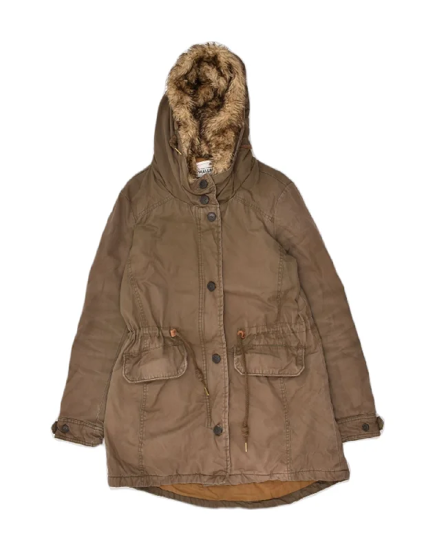 PULL & BEAR Womens Hooded Parka Jacket UK 14 Medium Brown Cotton