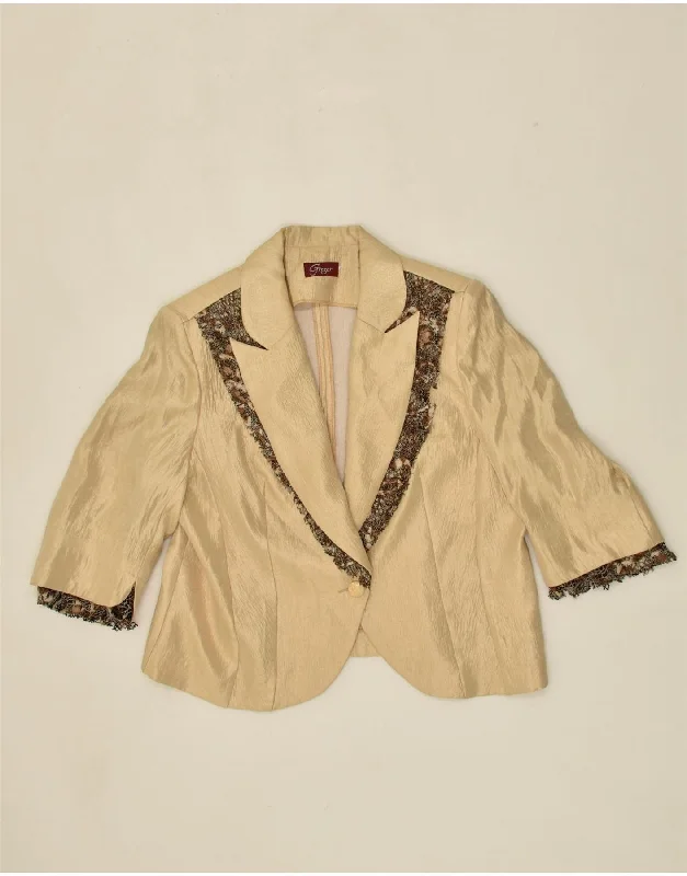 VINTAGE Womens 1 Button Blazer Jacket UK 14 Large Beige Patchwork