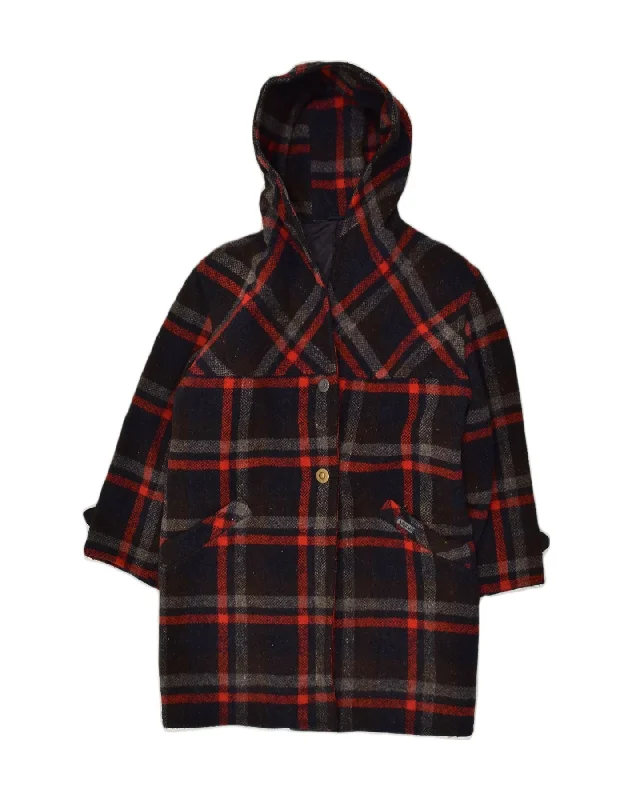 VINTAGE Womens Hooded Overcoat UK 20 2XL Navy Blue Check Wool