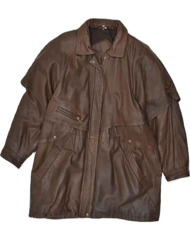 VINTAGE Womens Leather Coat UK 20 2XL Brown Leather