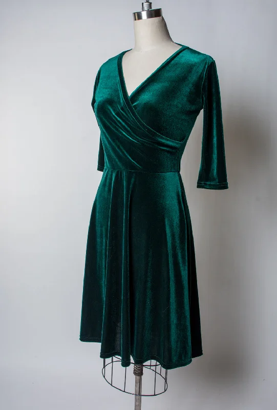 Joanie Knit Dress 3/4 Sleeve - Stretch Velvet, Hunter Green