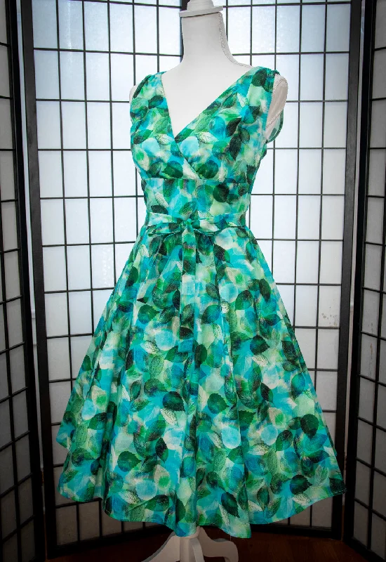 Marie Dress - Blue-Green Leaves