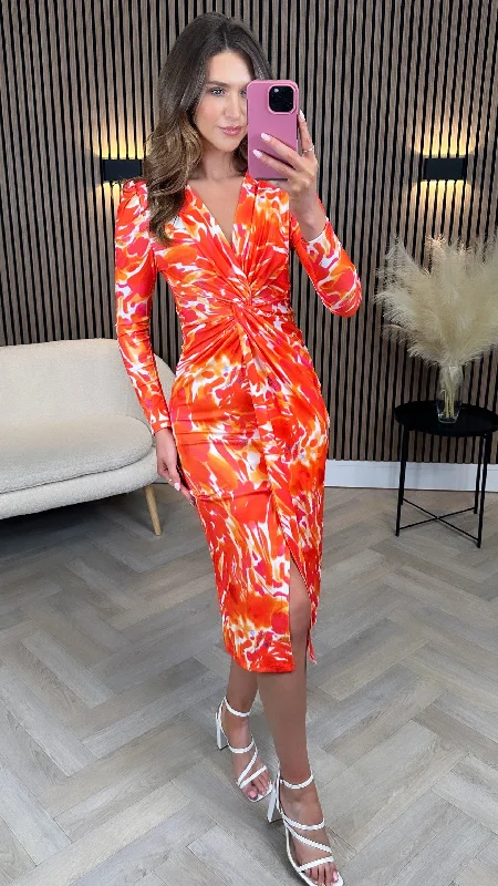 Alisha Orange Printed Knot Detail Midi Dress