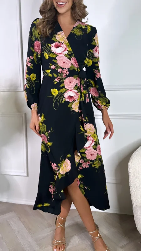 Antonio Black Floral Long Sleeve Wrap Midi Dress