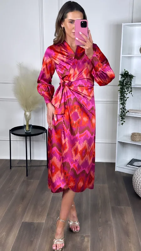 Azalea Pink & Orange Long Sleeve Wrap Midi Dress