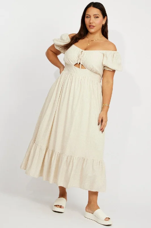 Beige Midi Dress Short Sleeve Ruched Bust