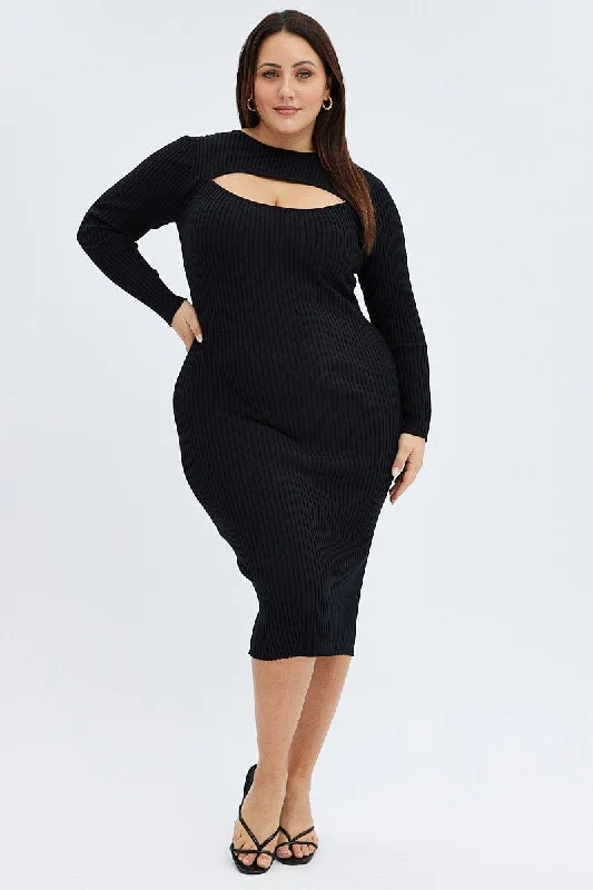 Black Knit Dress Midi Long Sleeve