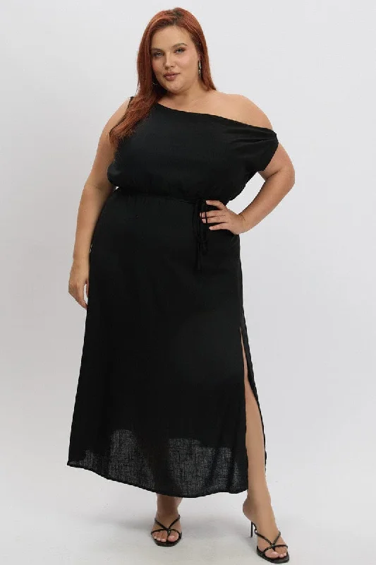 Black Midi Dress Short Sleeve Asymmetric Shoulder