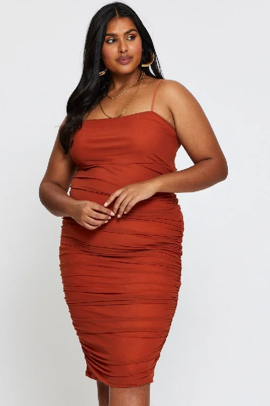 Brown Bodycon Dress Square Neck Sleeveless Midi