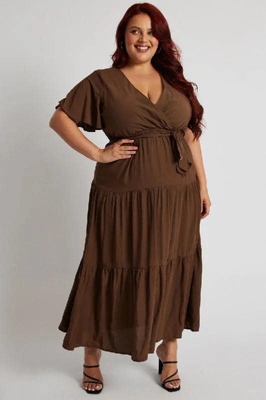 Brown Wrapover Flare Sleeve Tiered Midi Dress