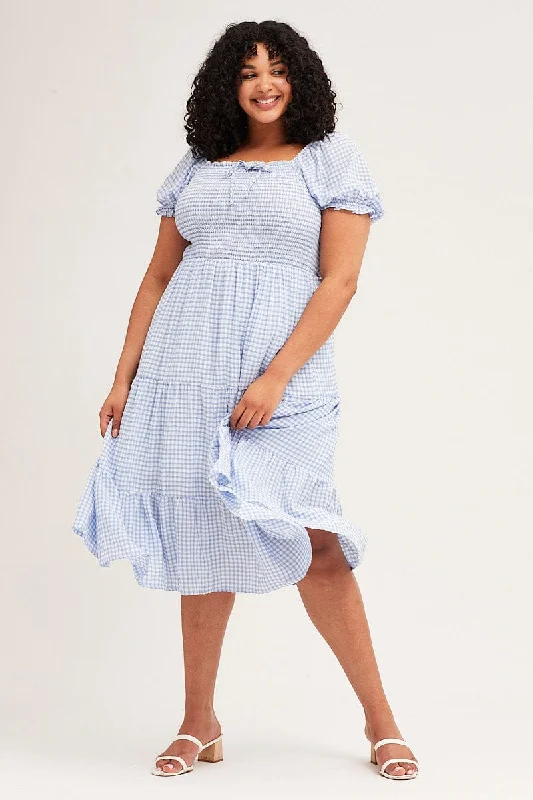 Check Short Sleeve Tiered Midi Dress