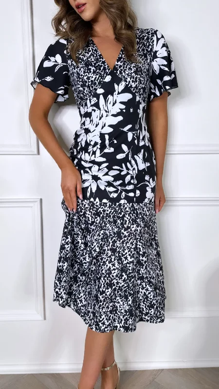 Frieda Black and White Floral Tiered Midi Dress