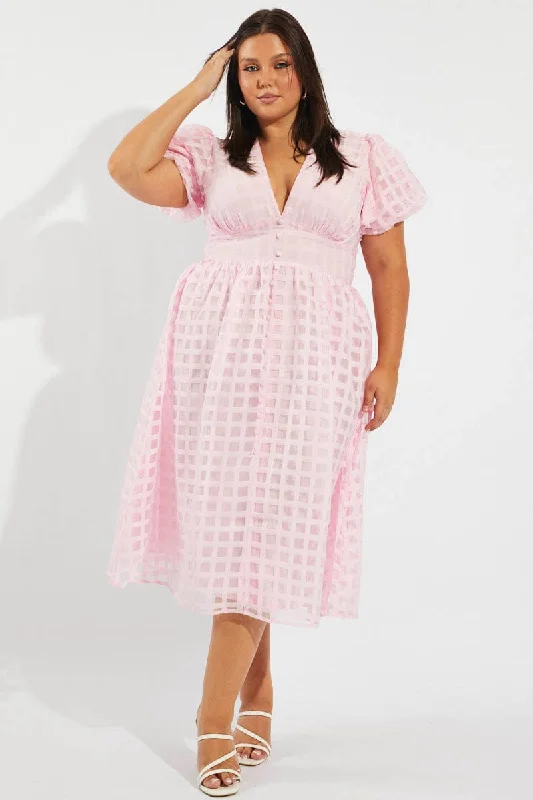 Pink Grid Check Midi Dress