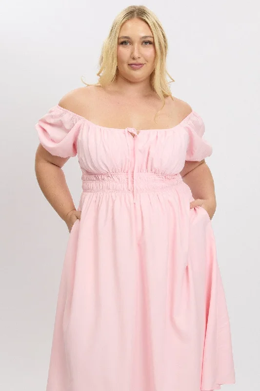 Pink Midi Dress Short Sleeve Ruched Bust