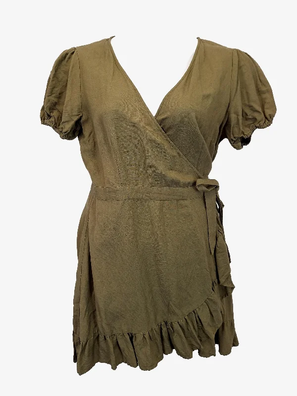 Tigerlily Khaki Summer Linen Midi Dress Size 14