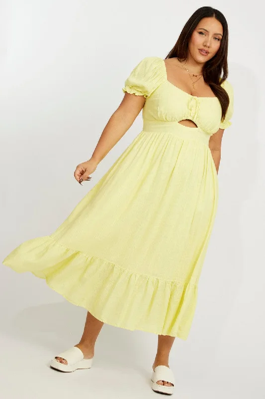 Yellow Midi Dress Short Sleeve Ruched Bust