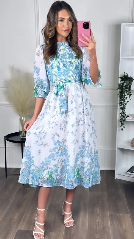 Zola White & Blue Floral Printed Midi Dress