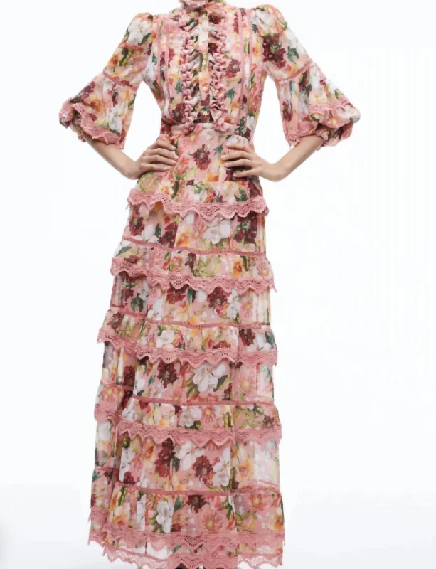 Brooke High Neck Maxi Dress In Juniper Floral Rose