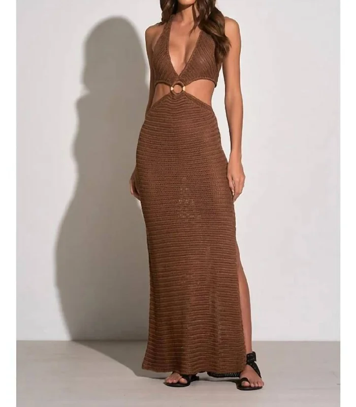 Crochet Maxi Halter Cut Out Dress In Brown