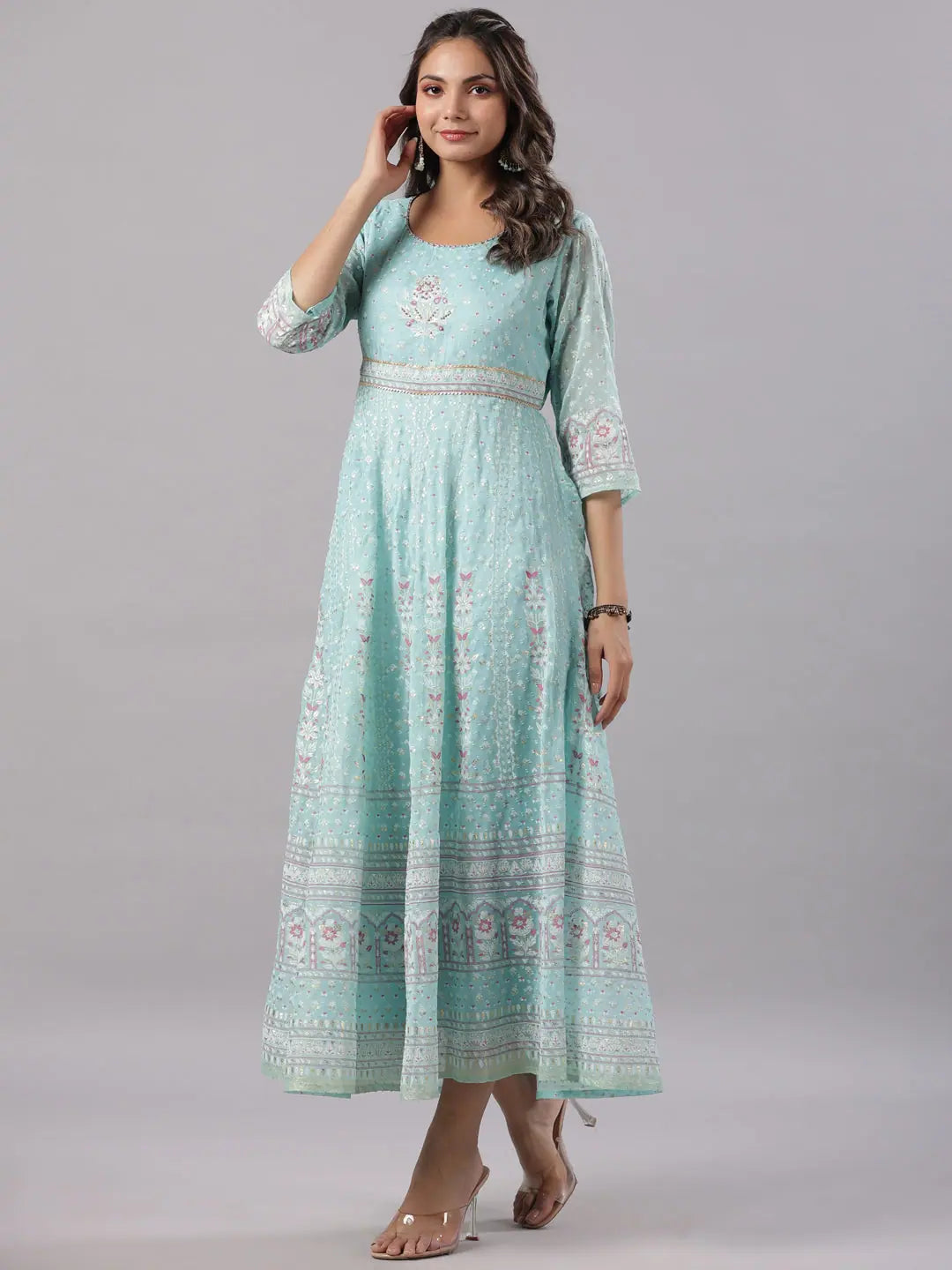 Juniper Women Sky Blue Chiffon Dobby Printed Maxi Dress