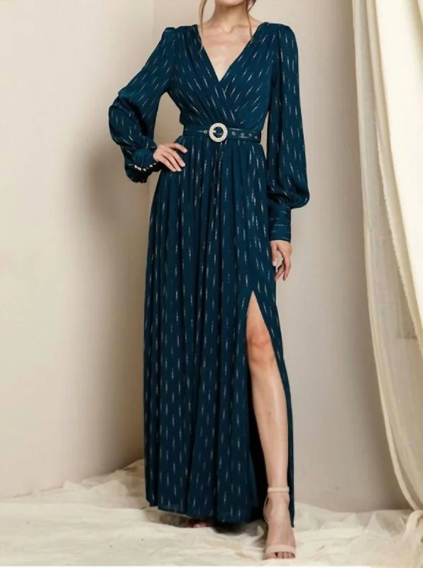 Long Sleeve Maxi Dress In Teal With Silver