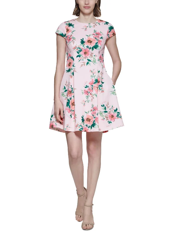 Petites Womens Floral Print Mini Fit & Flare Dress