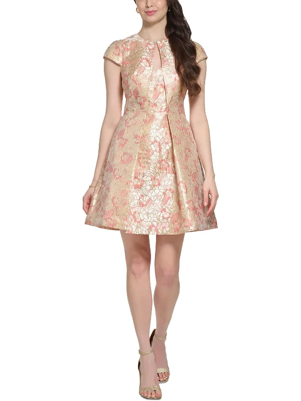 Petites Womens Jacquard Mini Fit & Flare Dress