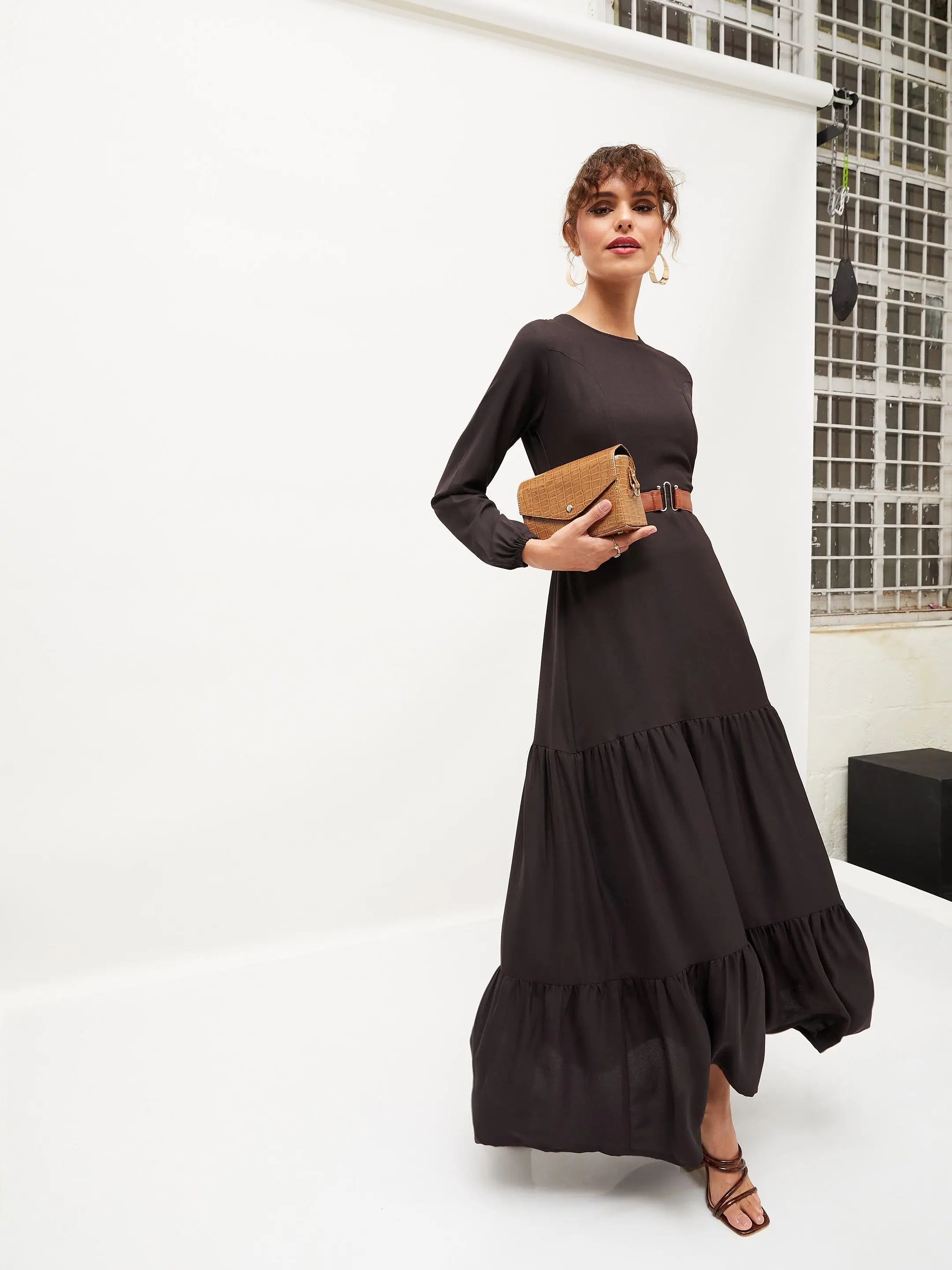 Women Black Belted Tiered Maxi Dress