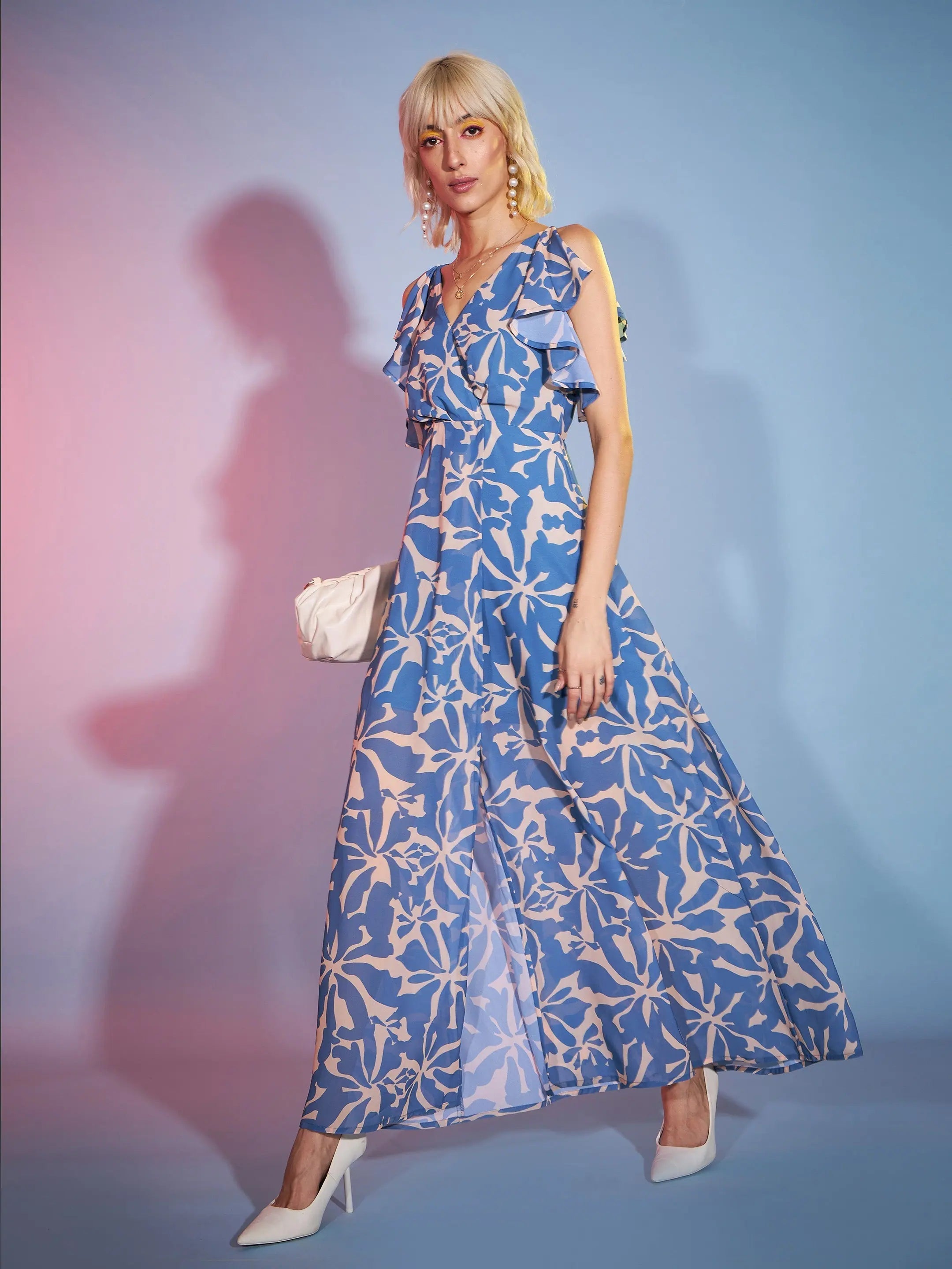 Women Blue Abstract Frill Sleeve Maxi Dress