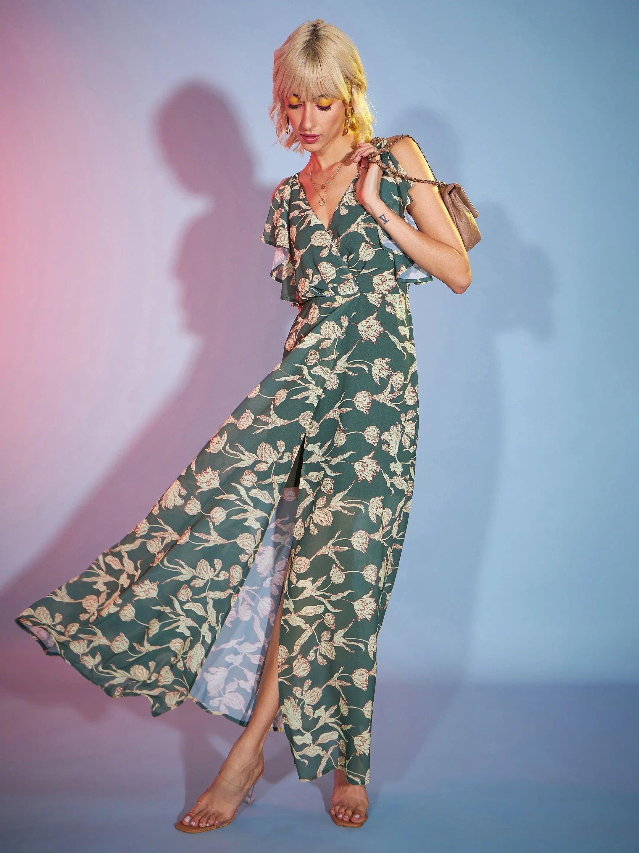 Women Olive Floral Frill Sleeve Maxi Dress