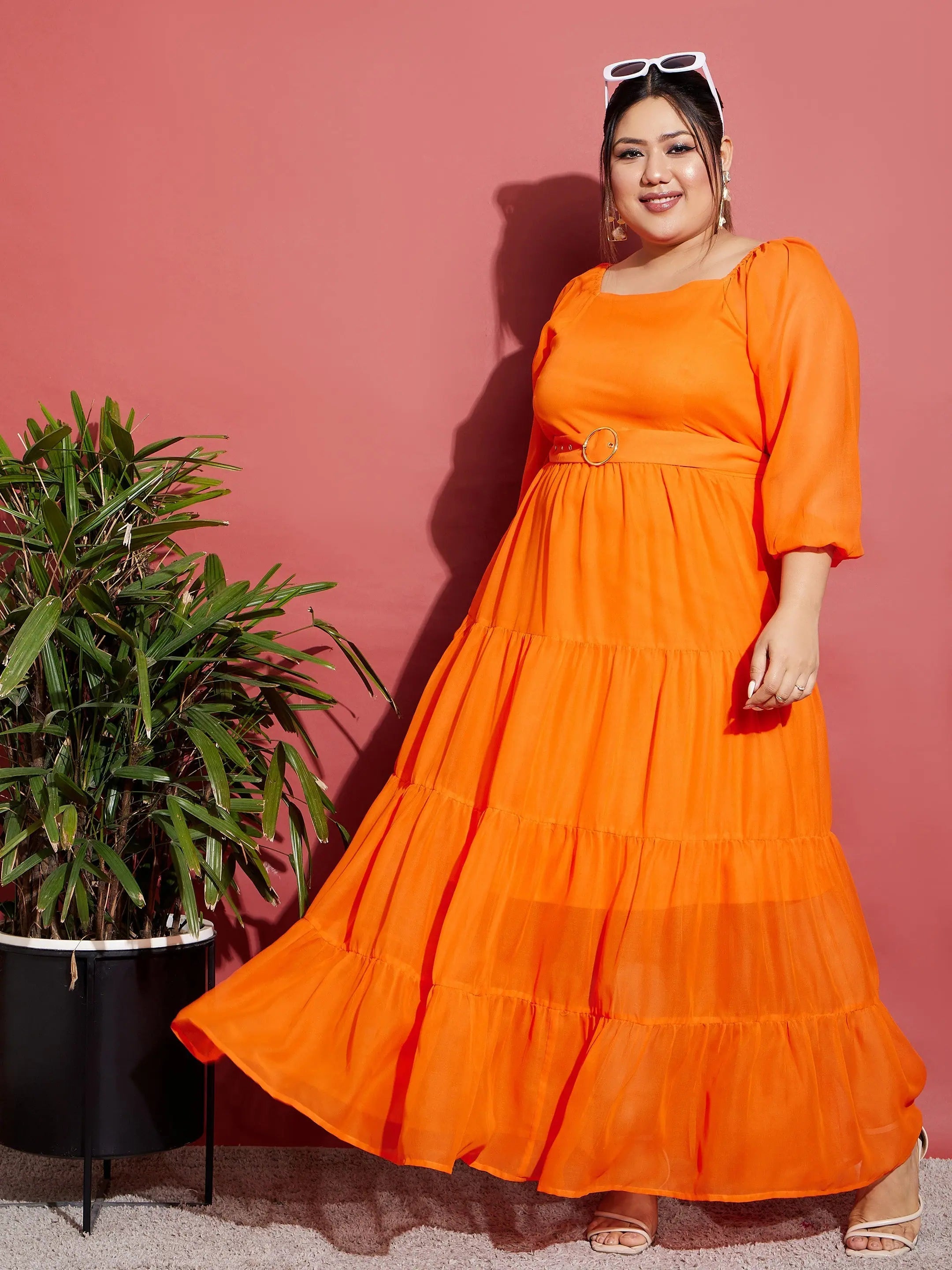 Women Orange Off Shoulder Tiered Belted Maxi Dress