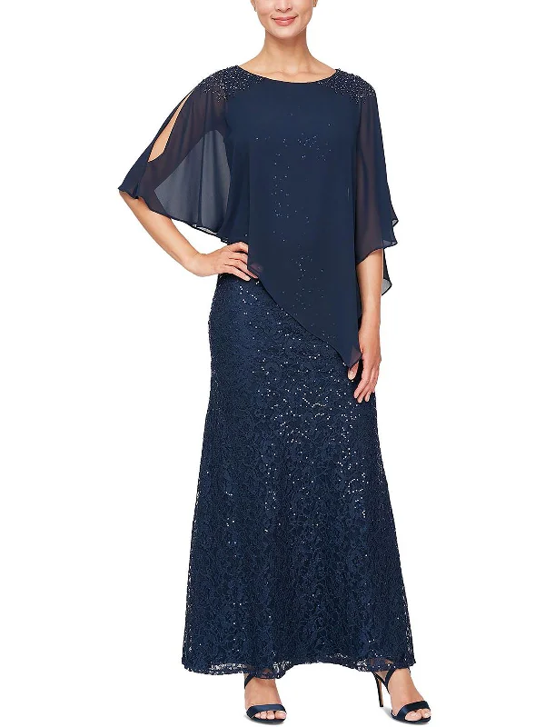 Womens Chiffon-Overlay Maxi Evening Dress