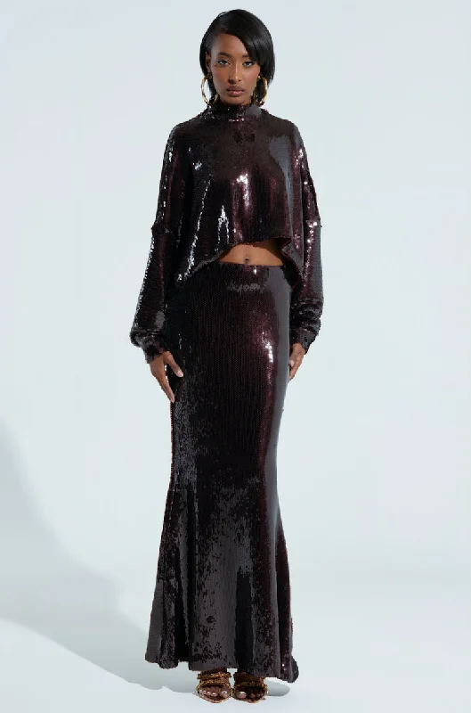 BELIEVE IN LOVE SEQUIN MAXI SKIRT IN BROWN