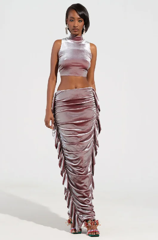 FLAUNT IT VELVET SIDE FRINGE MAXI SKIRT