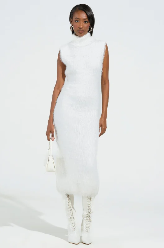 KYLIE FUZZY MIDI DRESS IN WHITE