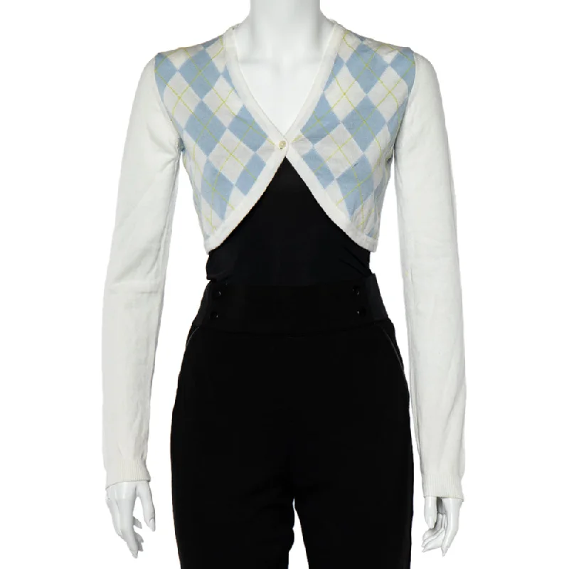 Burberry White Argyle Cotton Knit Cropped Cardigan