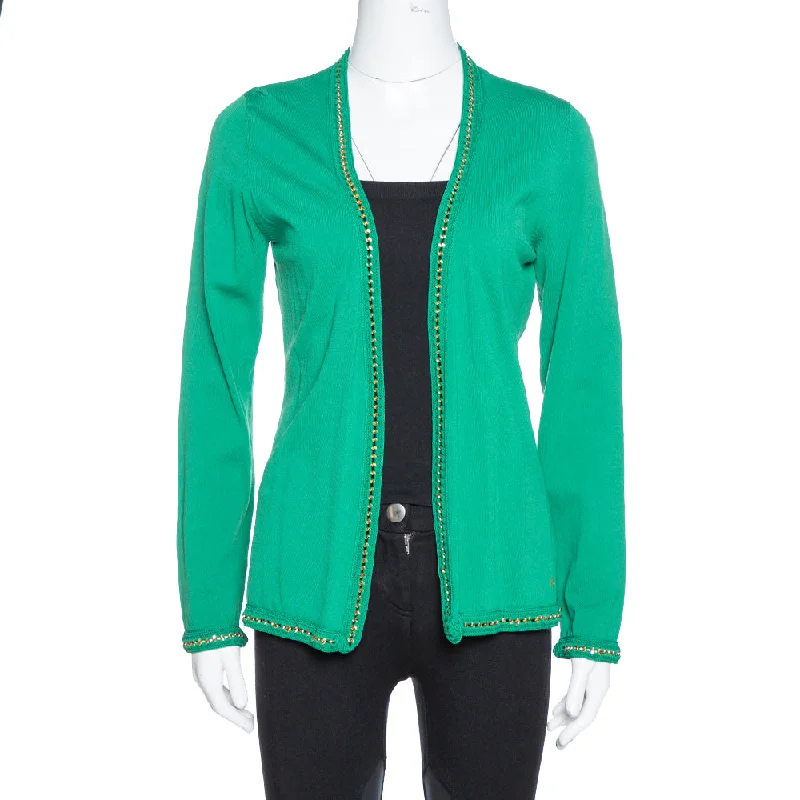 Ch Carolina Herrera Green Knit Metal Detail Open Front Cardigan