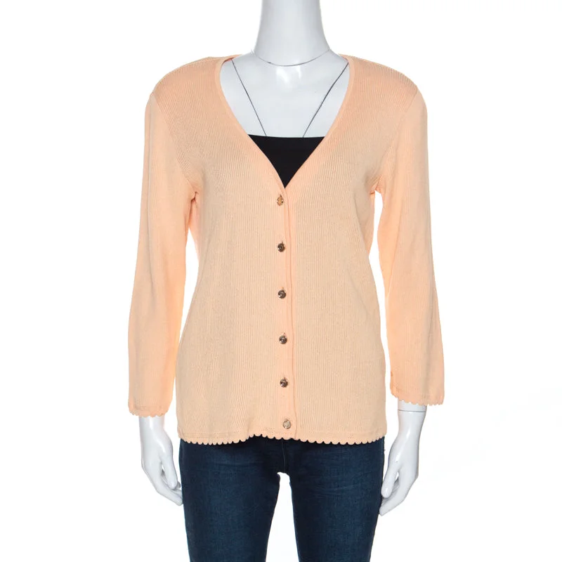 Escada Peach Rib Knit Padded Shoulder Button Front Cardigan