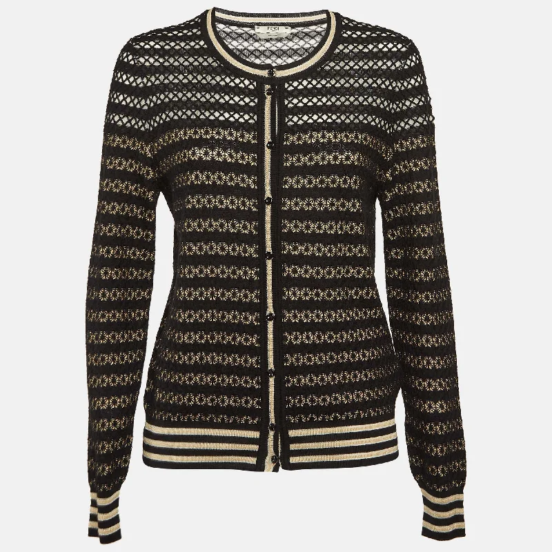 Fendi Black/beige Silk Patterned Knit Cardigan