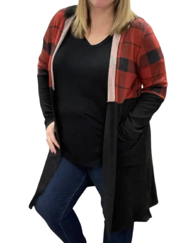 Hooded Buffalo Plaid Cardigan In Red/black