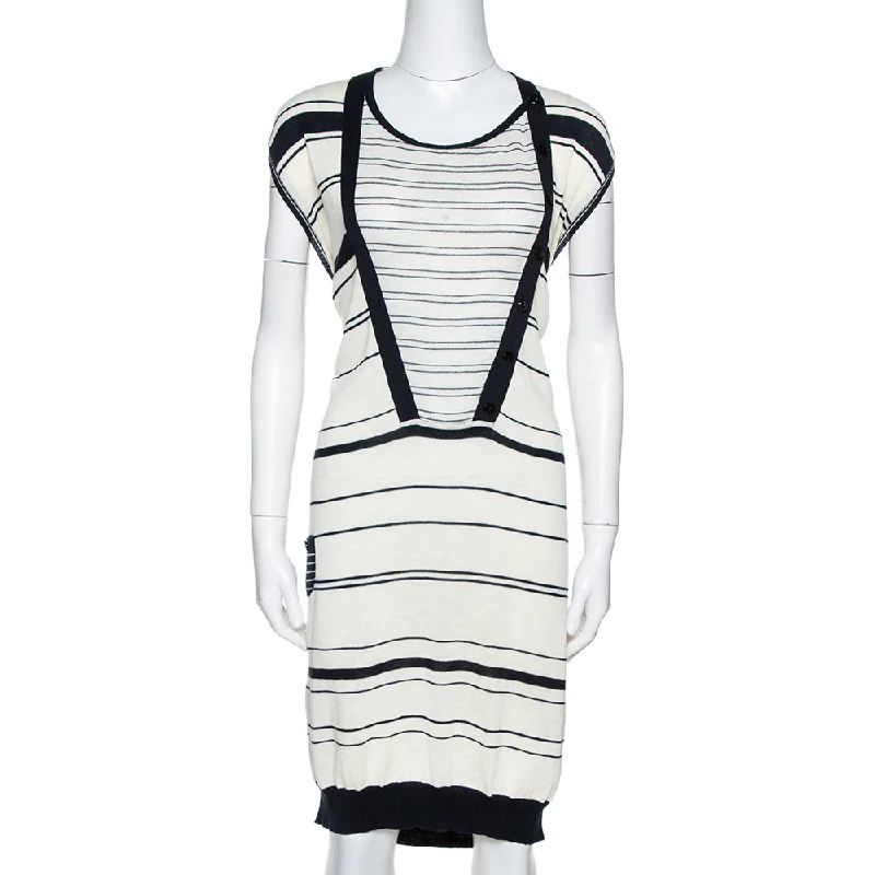 Kenzo Off White & Navy Striped Cotton Knit Sweater Dress