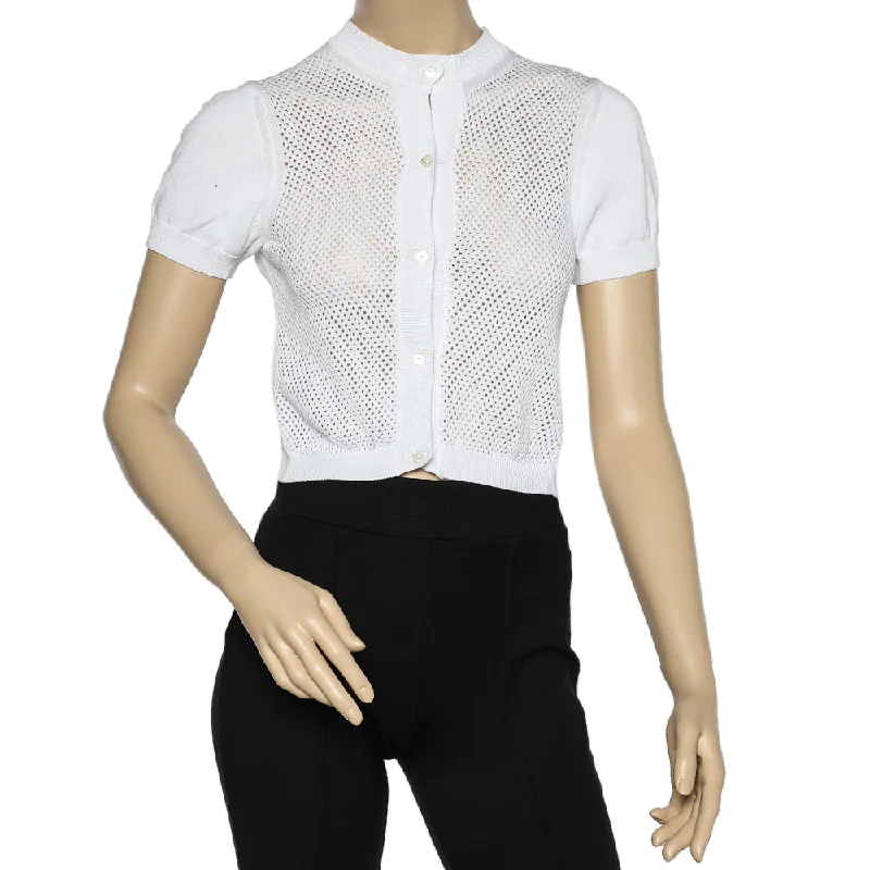 Max Mara Studio White Perforated Cotton Knit Cropped Cardigan