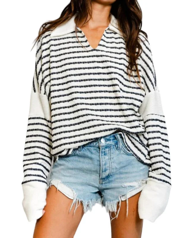 Striped Collared Pullover Sweater In Ivory/black