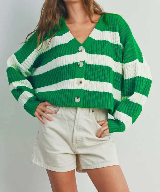 Striped V-Neck Cardigan In Green