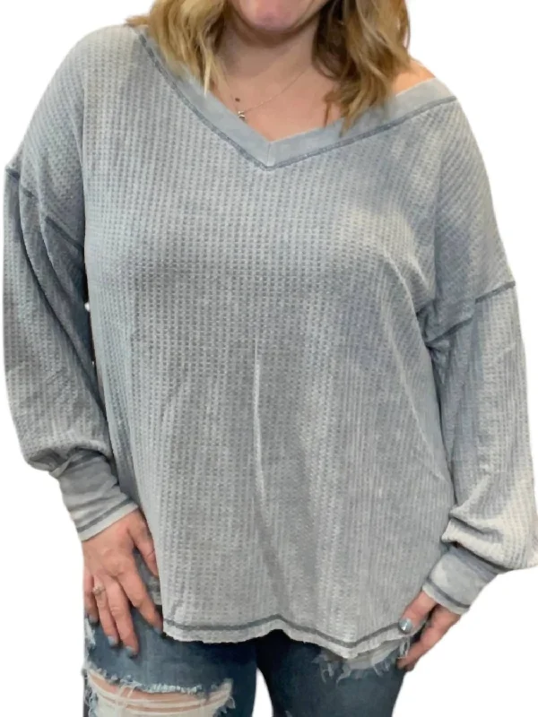 Waffle Knit Bubble Sleeve Pullover Sweater In Grey